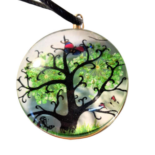 Dried flowers necklace, black string, Early Spring, 45cm