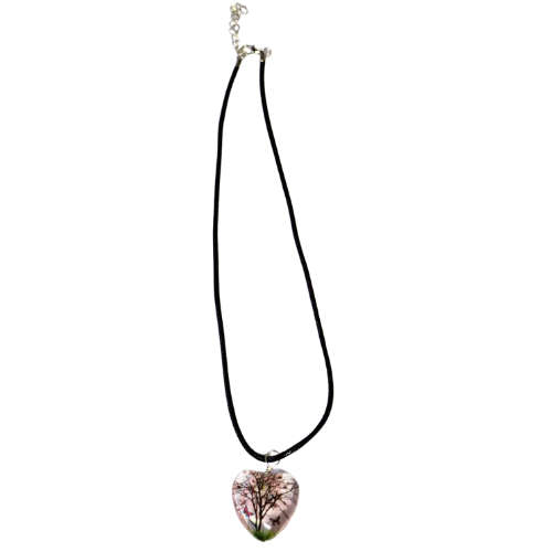Dried flowers glass heart necklace, light pink, black string, 45cm