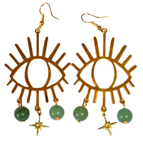 Gold Evil eye Drop earrings, Green Aventurine, 75mm