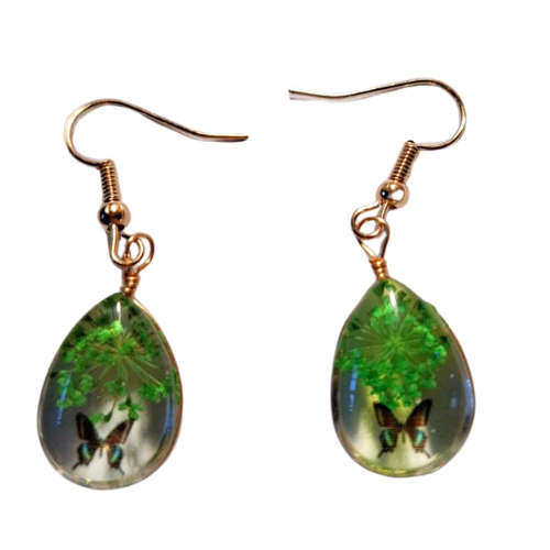 Dried flower pear earrings, Green, 40mm