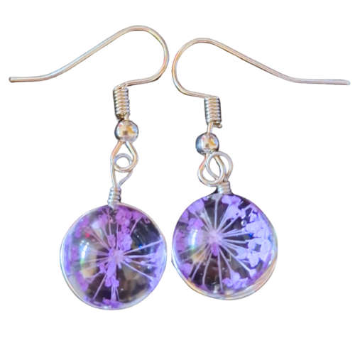 Dried flower glass earrings, Purple, 35mm