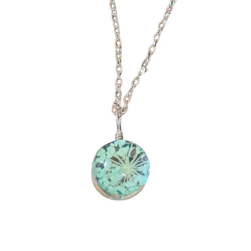 Dried flowers necklace on chain, pastel mint, 45cm