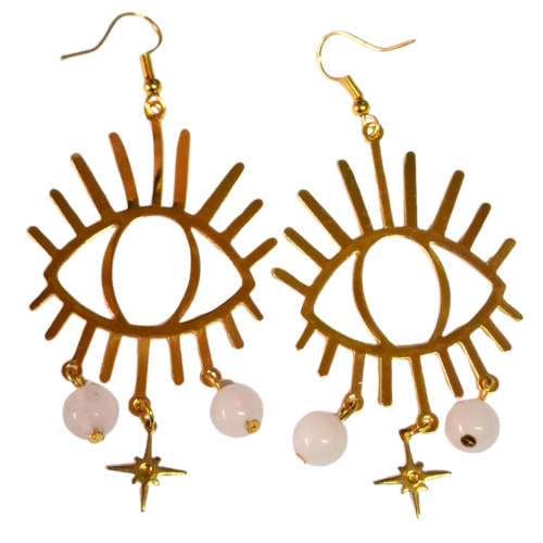 Gold Evil eye Drop earrings, Rose quartz, 75mm