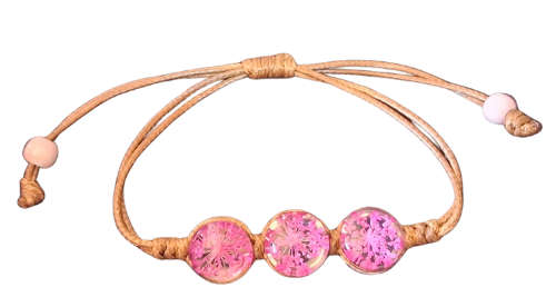 Dried flower dome trio bracelet, brown & pink, adjustable