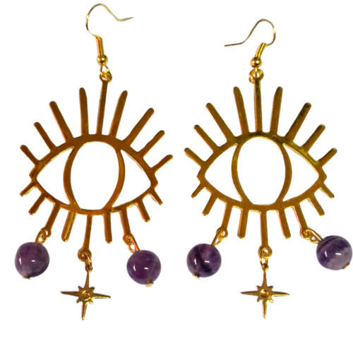 Gold Evil eye Drop earrings, Amethyst, 75mm