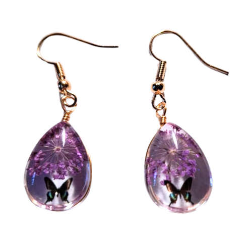 Dried flower pear earrings, purple, 40mm