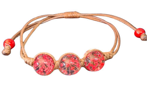 Dried flower dome trio bracelet, brown & red, adjustable