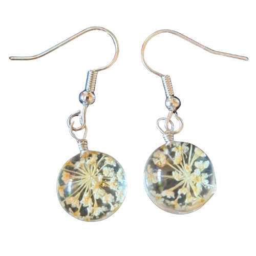 Dried flower glass earrings, White, 35mm