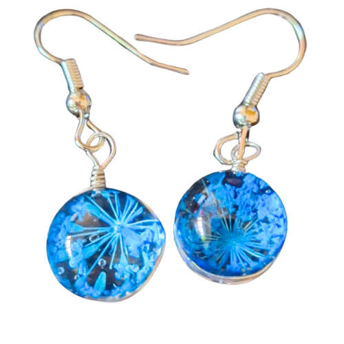 Dried flower glass earrings, Tropical blue, 35mm