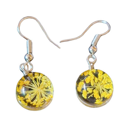 Dried flower glass earrings, Yellow, 35mm