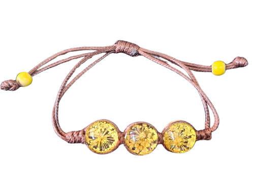 Dried flower dome trio bracelet, brown & yellow, adjustable