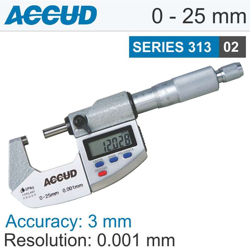 ACCUD DIG. OUTSIDE MICROMETER 25MM 0.003MM ACC IP65. 0.001MM RES. AC313-001-02