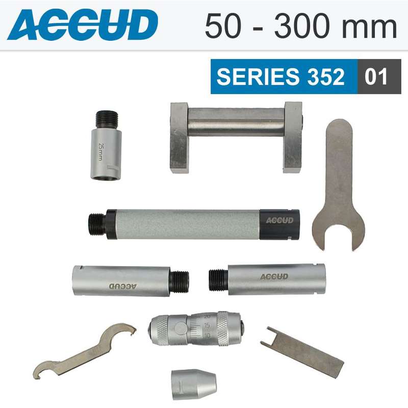 ACCUSD TUBULAR INSIDE MICROMETER 50-500MM 0.01MM GRAD. EXTENSION RODS: 13, 25- AC352-012-01