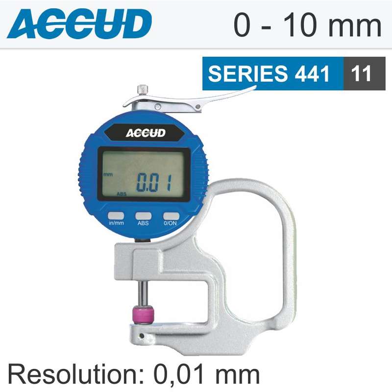 ACCUD DIG. THICKNESS GAUGE 10MM 0.02MM ACC. 0.01MM RES. CERAMIC ANVIL- AC441-010-11