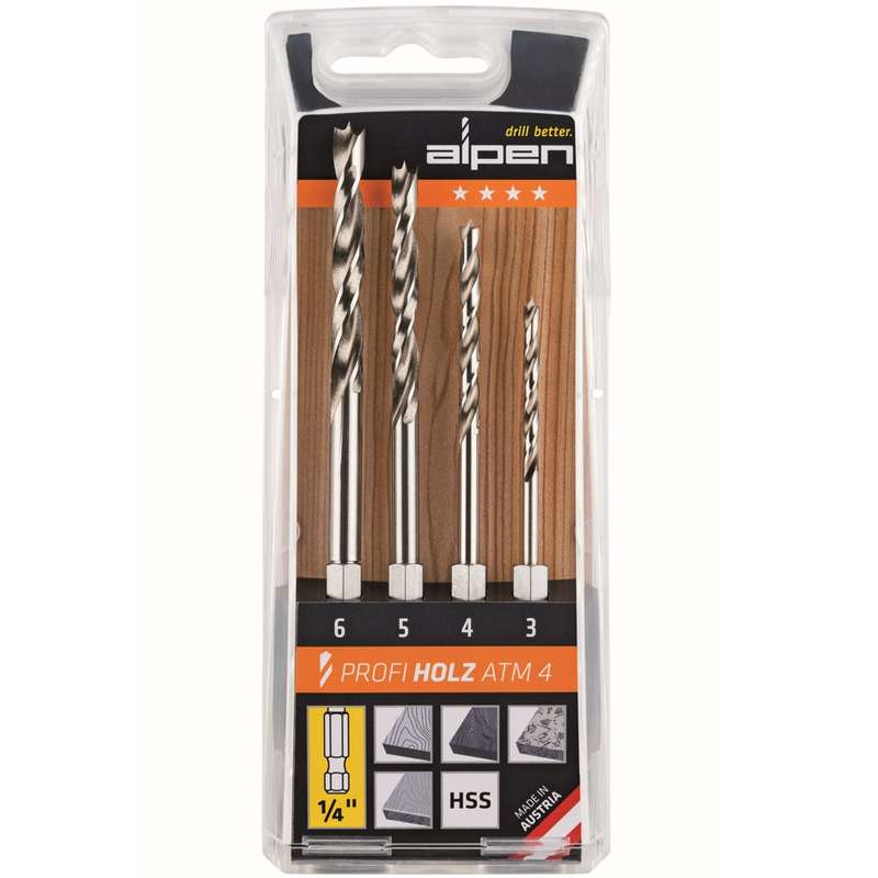 ALPEN - HEX SHANK SET HSS FOR WOOD 4 PIECE 3 4 5 6MMALP ATM4