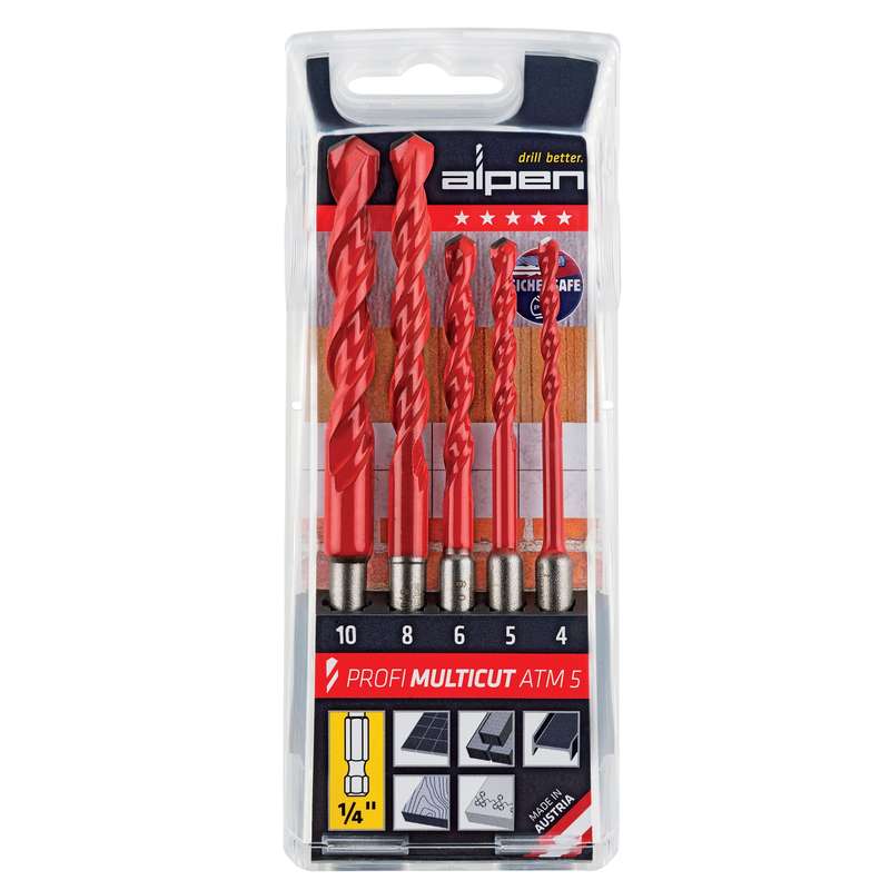 ALPEN - MULTICUT DRILL BIT SET 5 PIECE HEX SHANK 4 5 6 8 10MM     ALP ATM5