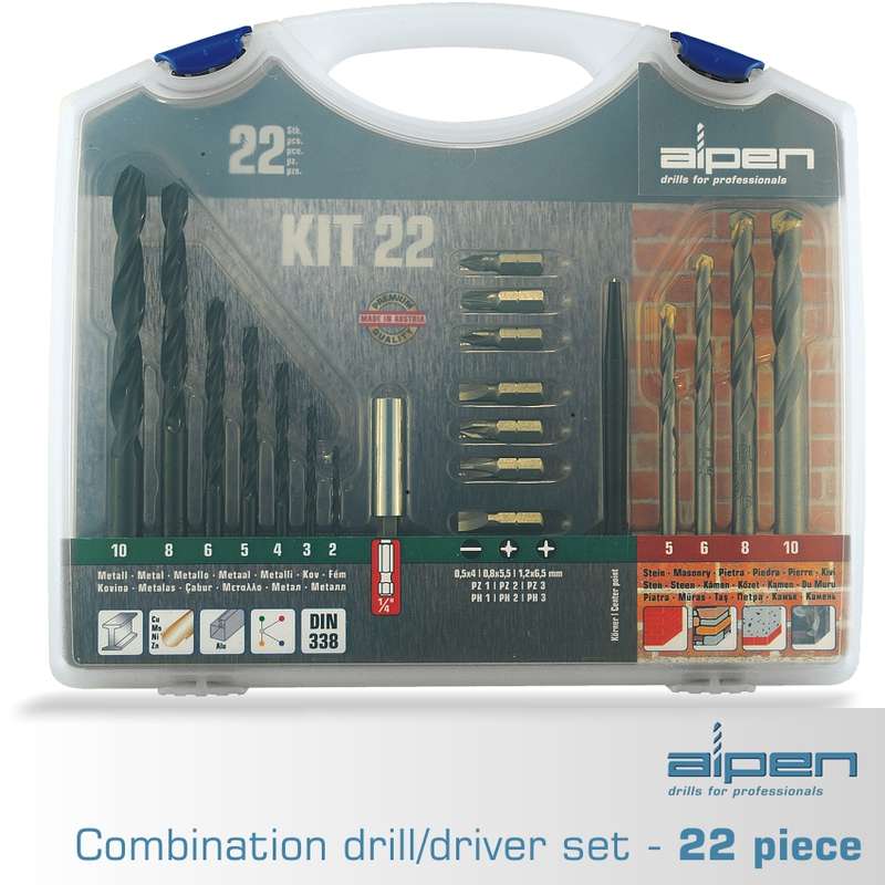 ALPEN - DRILL AND SCREWDRIVER BIT SET 22 PIECE IN CARRY CASE STEEL &  MASONRYALP KIT22
