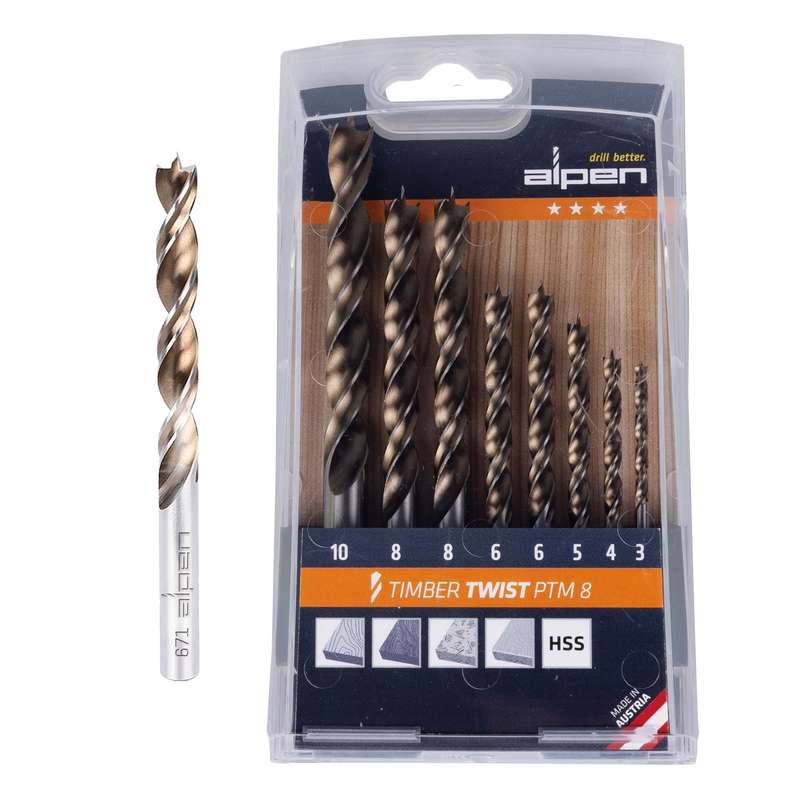 ALPEN - WOOD TWIST DRILL BIT SET PTM8-8 3, 4, 5, 10.0MM, X2 6, 8.0MMALP671000081