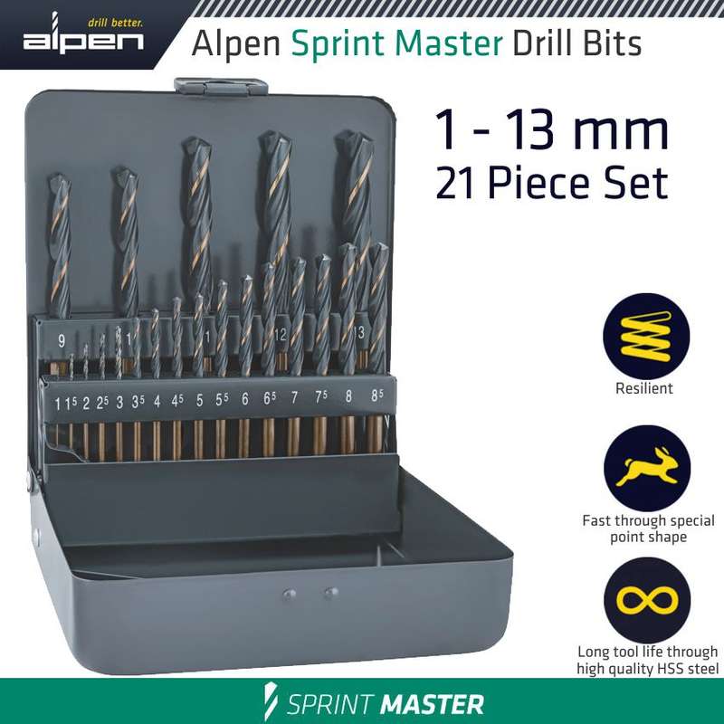 ALPEN -  SPRINT MASTER 21 PCE SET KM21 1 -8.5 X 0.5 9-13 X 1MM METAL BOXALP8104001