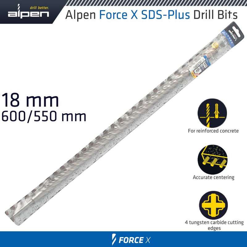 ALPEN - FORCE X 18.0 X 600/550 SDS-PLUS DRILL BIT X4 CUTTING EDGESALP905018