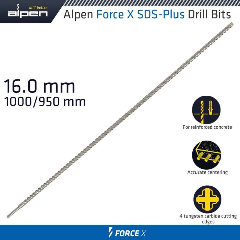 ALPEN - FORCE X 16.0 X 1000/950 SDS-PLUS DRILL BIT X4 CUTTING EDGESALP915016