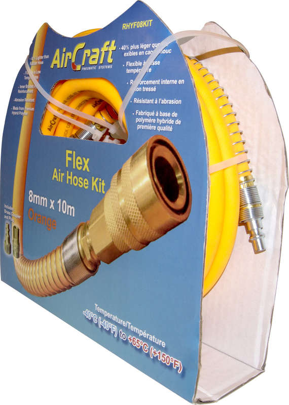 AIRCRAFT - FLEX AIR HOSE KIT 8MM X 10M ORANGE W/QUICK COUPLER & CONNECTOR YOHKONRHYF08KIT