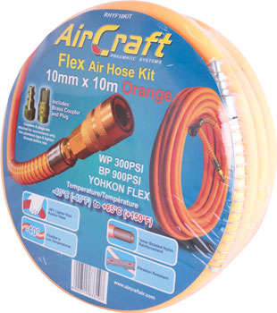 AIRCRAFT - FLEX AIR HOSE KIT 10MM X 10M ORANGE W/QUICK COUPLER & CONNECTOR YOHKORHYF10KIT
