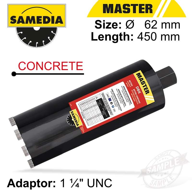 SAMEDIA DIAMOND CORE BIT 62MM X 450MM X 1 1/4"  CONCRETE MASTER DBK - SAM340005