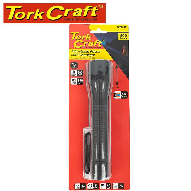 TORK CRAFT - TORCH LED ALUM FOCUS ADJ 600LM BLK USE 3 X C-CELL BAT 3 MODE FLASH LIGTCFL140