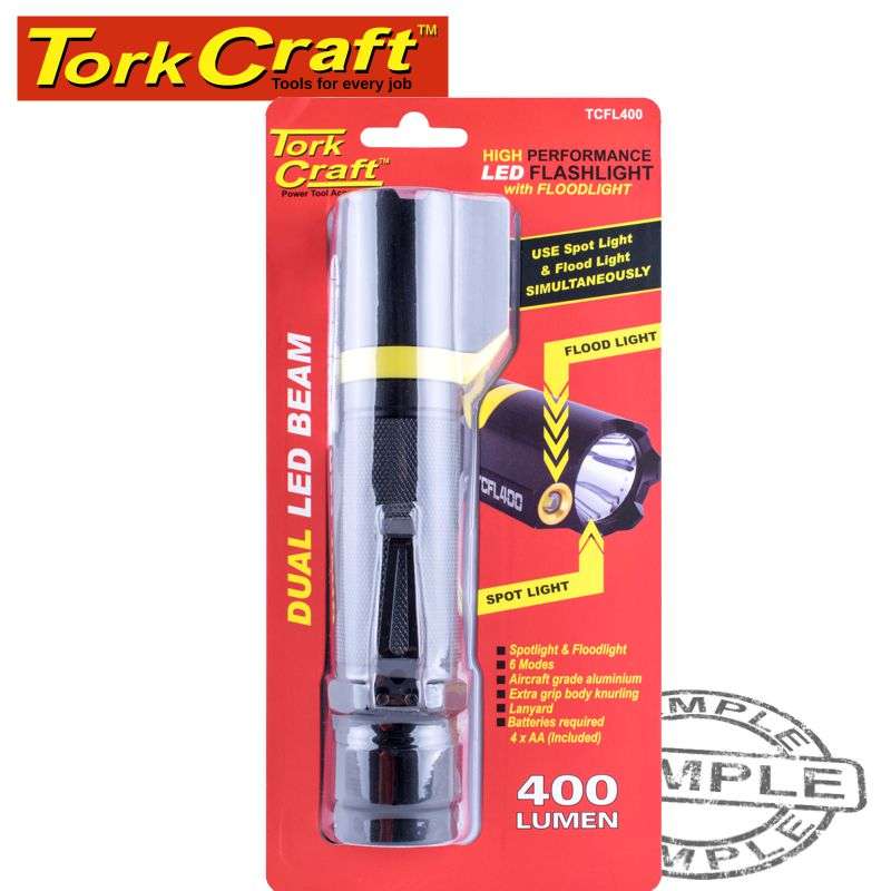 TORK CRAFT - TORCH LED ALUM. DUAL BEAM FLOODLIGHT 400LM BLK USE 4X AA BATTERIESTCFL400