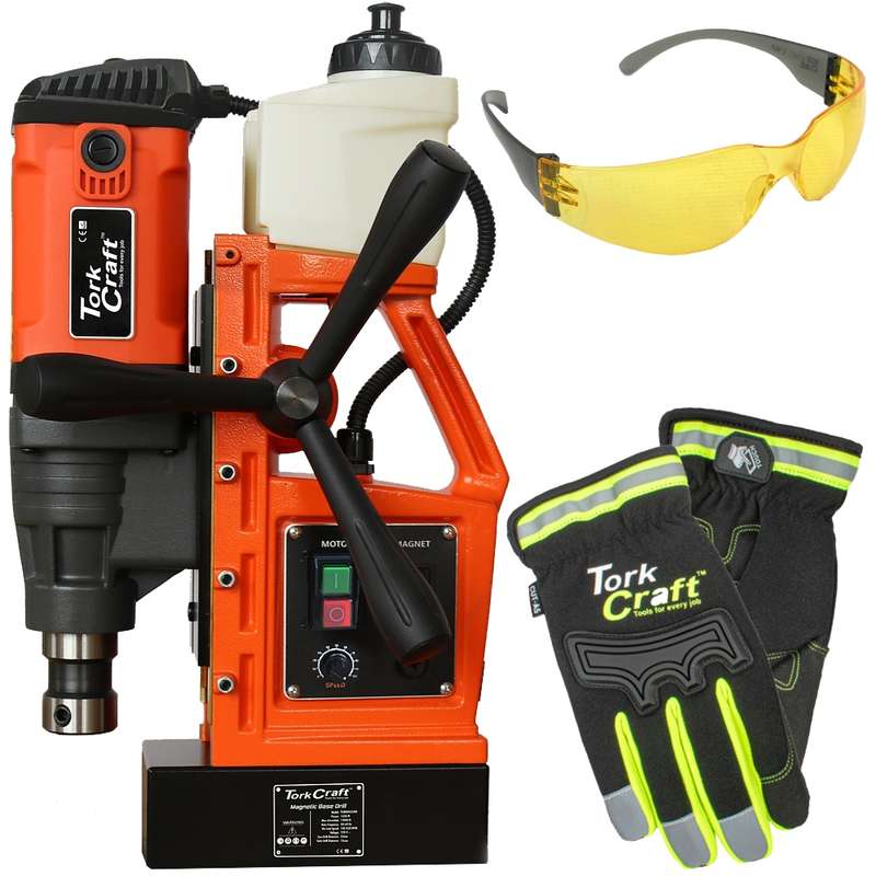 TORK CRAFT - MAG. BASE DRILL TCMD0035HD + A5 ANTI-CUT GLOVE LAR GL102 + EYE WEAR B5TORKIT033