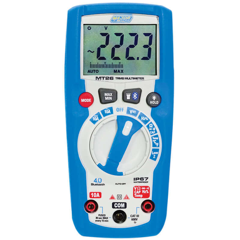 MAJOR-TECH - 600V AC/DC IP67 TRMS Bluetooth Multimeter, CAT III 600VMT26