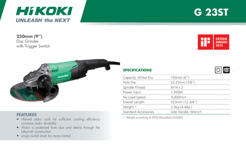 HIKOKI ANGLE GRINDER 230MM 2200W 5.1KG  HTC-G23SW2