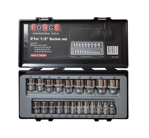 FORCE 1/2 DR 21PCBIHEX SOCKET SET 8-32MM CHROME   FO4212-9