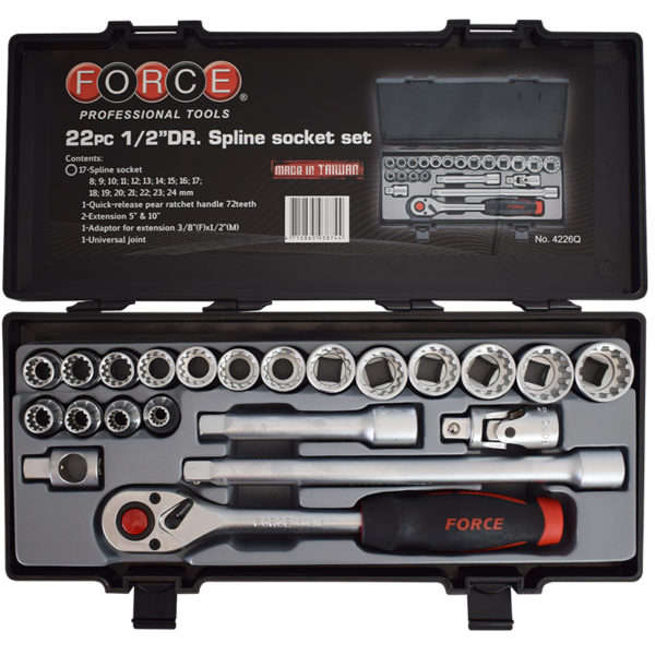 FORCE 1/2 DR 22PCE SPLINE SOCKET SET 8MM-24MM HEX STAR  FO4226Q