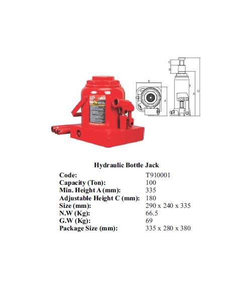 Torin BIG RED Jacks - Hydraulic Bottle jack 100 ton - T910001