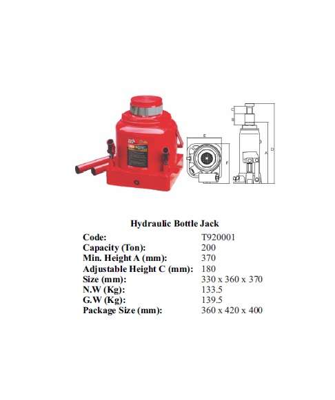 Torin BIG RED Jacks - Hydraulic Bottle jack 200 ton - T920001