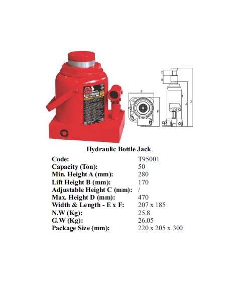 Torin BIG RED Jacks - Hydraulic Bottle jack  50 ton - T95001