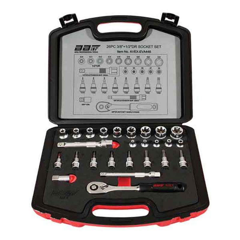 Avex Professional Tools - 26 Piece Socket Set 3/8" Dr and 1/2" Dr Torx Sockets T15 - T50, E4 - E2...