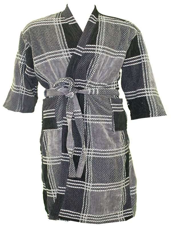 Bunty's Bathrobe Velour Shawl Collar (One Size Fits All) - Checkered Grey/Black