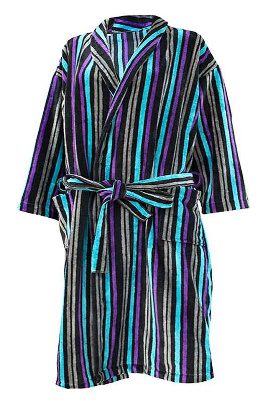 Bunty's Bathrobe Velour Shawl Collar (One Size Fits All) - Stripes Black MultiColor