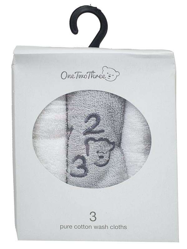 Bunty's Baby Face Cloth - Asset 06 - 030x030cms - 380GSM - 03 Pc Pack - 123 Bear - White Grey White