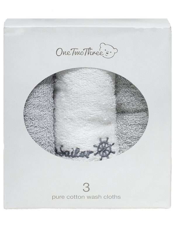 Bunty's Baby Face Cloth - Design 02 - 030x030cms - 380GSM - 03 Pc Pack - Little Sailor - Grey Whi...