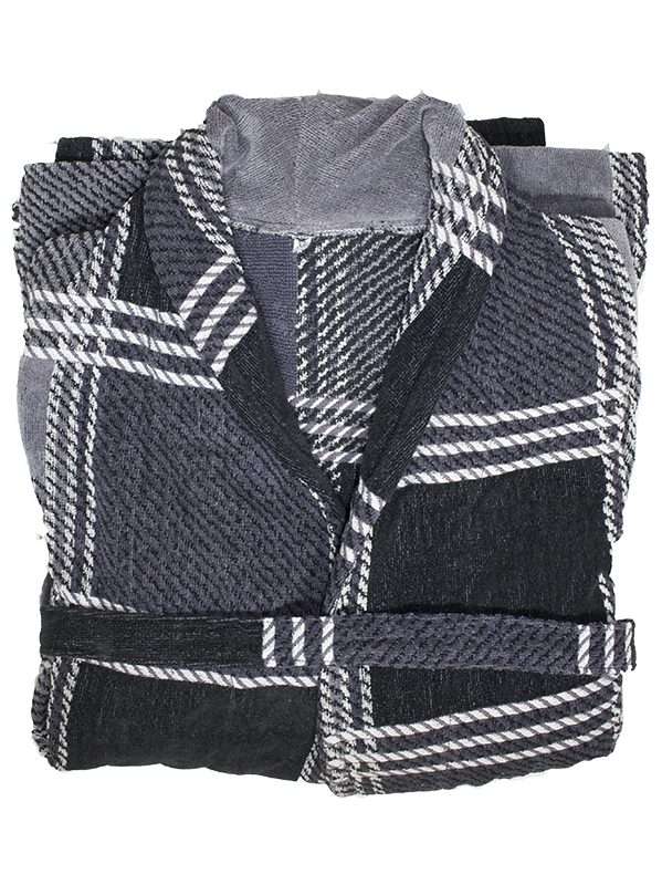 Bunty's Bathrobe - Velour - Shawl Collar - Checkered Grey/Black