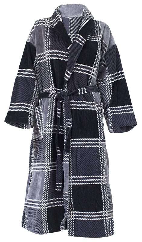 Bunty's Bathrobe Velour Shawl Collar (One Size Fits All) - Checkered Grey/Black