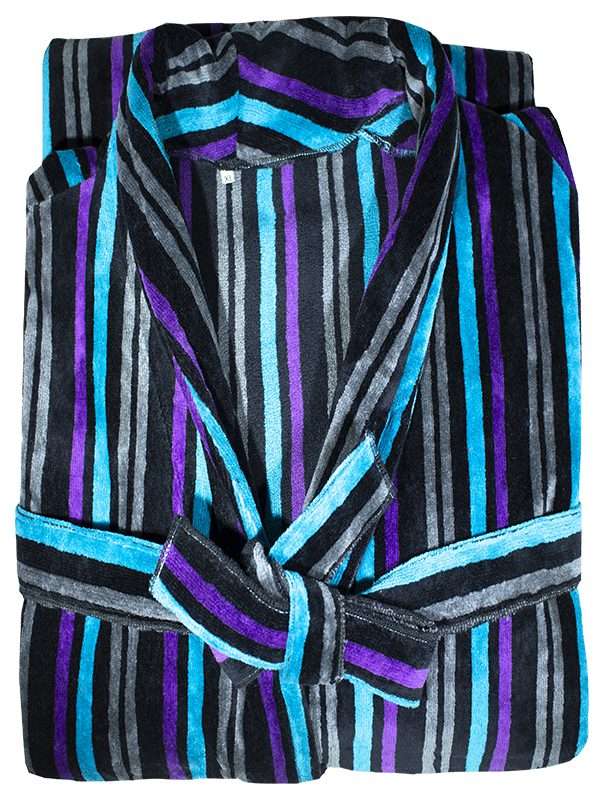 Bunty's Bathrobe - Velour - Shawl Collar - Stripes Black MultiColor