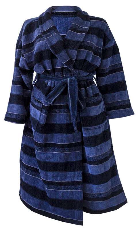 Bunty's Bathrobe - Velour - Shawl Collar - Stripes Navy/Black