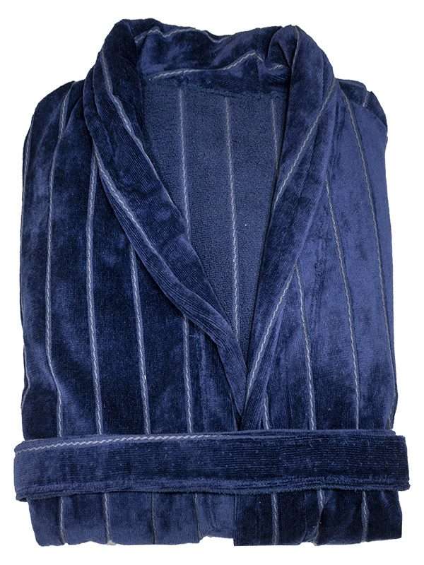 Bunty's Bathrobe - Velour - Shawl Collar - Stripes Estate Blue