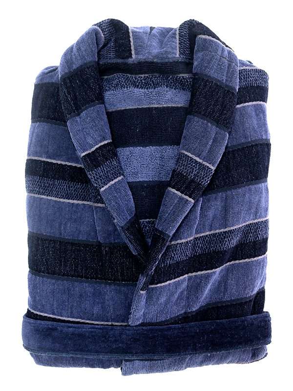 Bunty's Bathrobe - Velour - Shawl Collar - Stripes Navy/Black