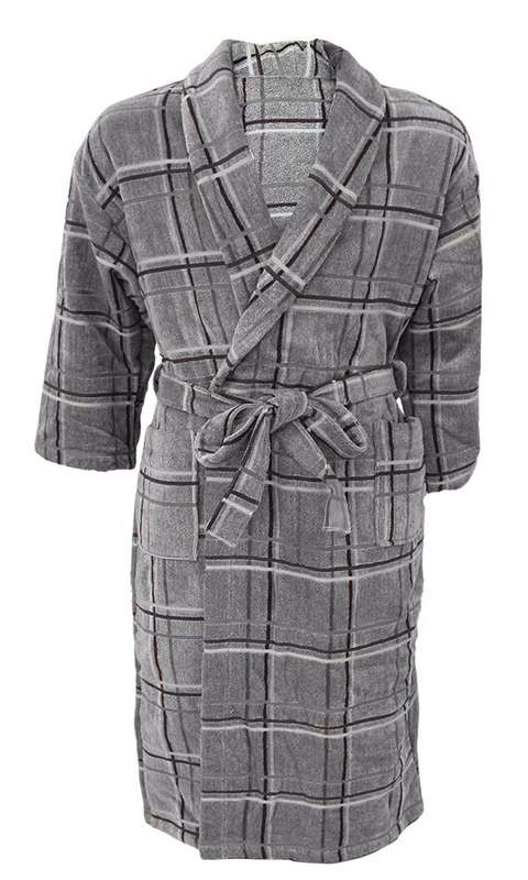 Bunty's Bathrobe Velour Shawl Collar (One Size Fits All) - Checkered Grey